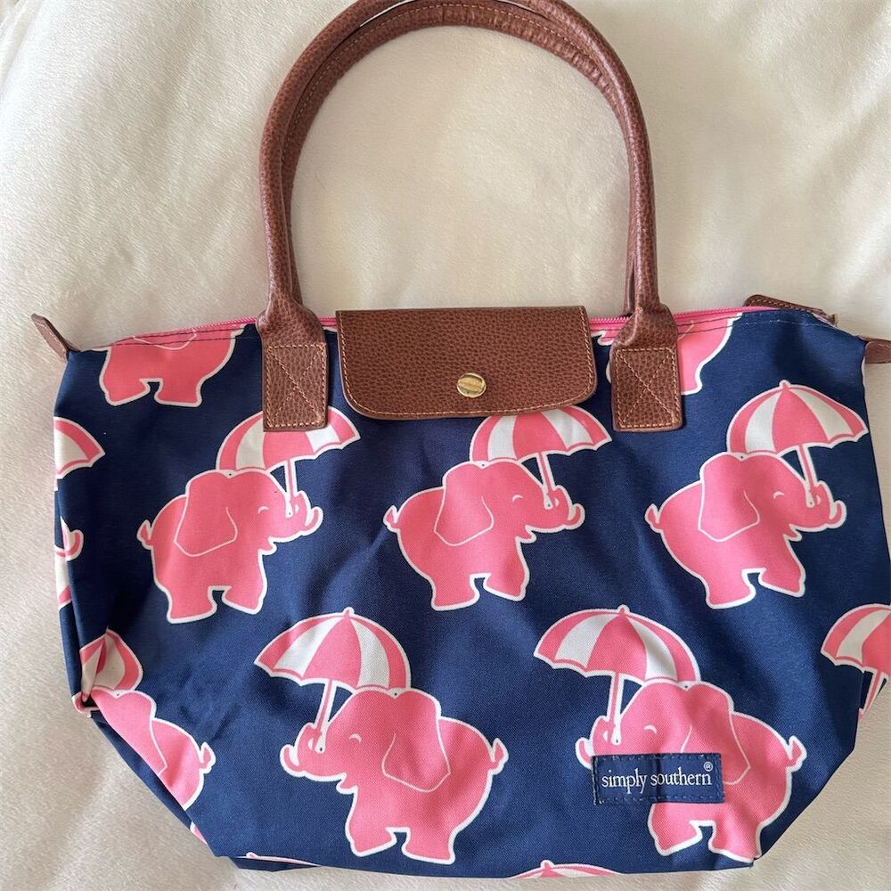 Simply Southern Women's Navy Tote Bag‎ Pink Elephant Print Casual